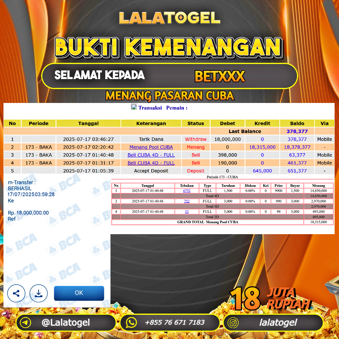 LALATOGEL JACKPOT TOGEL PASARAN CUBA Rp.18.000.000, - LUNAS USER  ID :  BETXXX 
