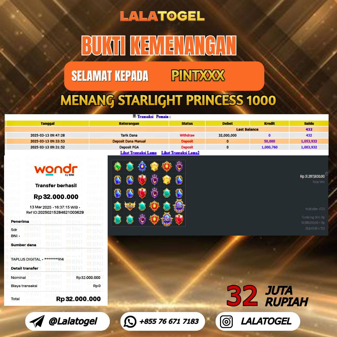 LALATOGEL JACKPOT SLOT STARLIGHT PRINCESS 1000 Rp.32.000.000,- LUNAS USER ID :  PINTXXX 