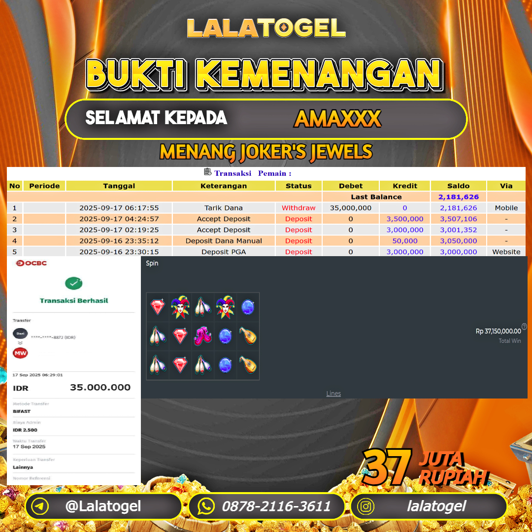 LALATOGEL JACKPOT SLOT JOKER'S JEWELS Rp.37.000.000, - LUNAS USER  ID : AMAXXX 
