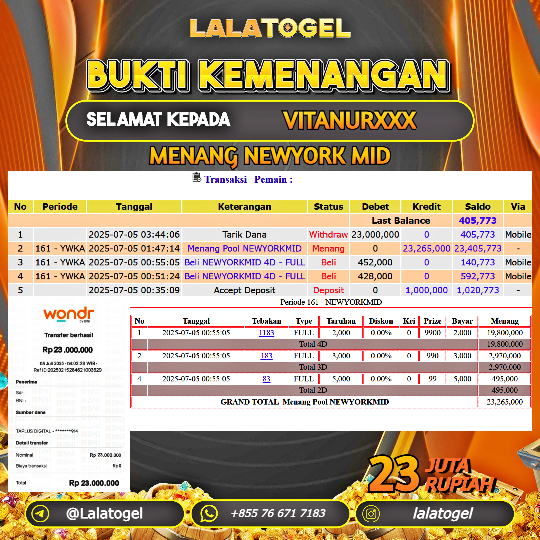 LALATOGEL JACKPOT TOGEL PASARAN NEWYORK MID Rp.23.000.000, - LUNAS USER ID : VITANURXXX