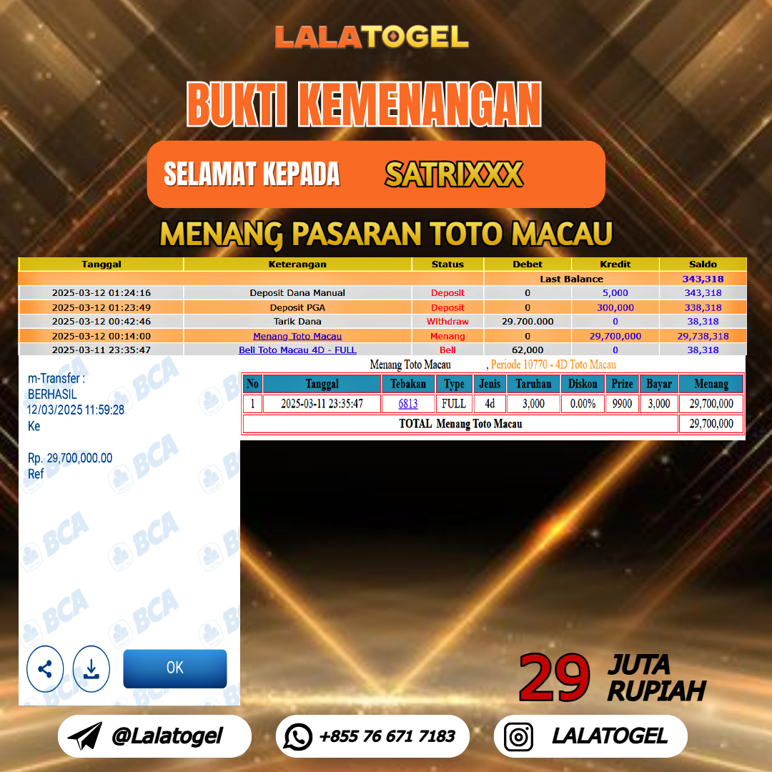 LALATOGEL JACKPOT TOGEL PASARAN TOTOMACAU Rp.29.000.000,- LUNAS USER ID :  SATRIXXX 