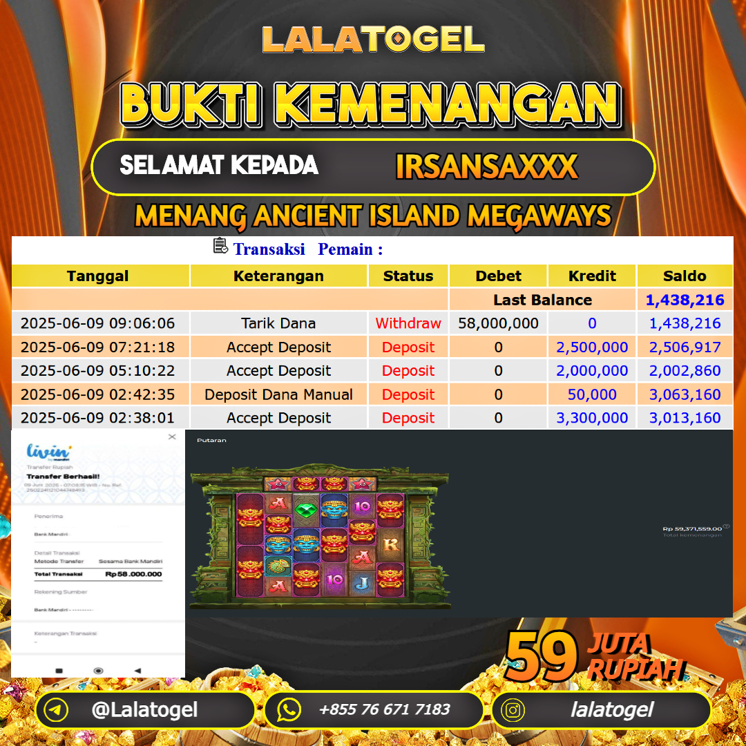 LALATOGEL JACKPOT SLOT ANCIENT ISLAND MEGAWAYS Rp.59.000.000, - LUNAS USER ID : IRSANSAXXX