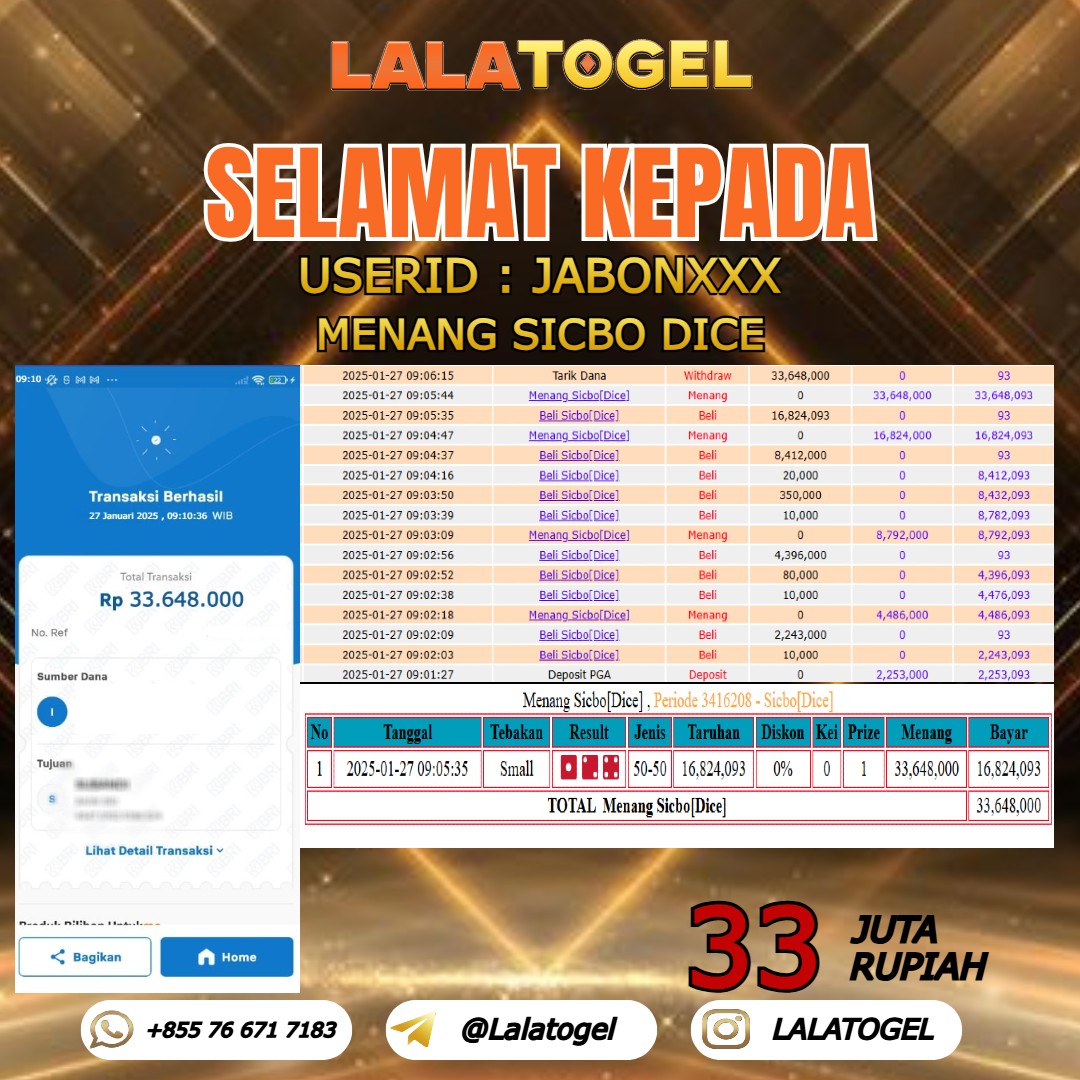 LALATOGEL JACKPOT SICBO DICE Rp.33.000.000,- LUNAS USER ID : JABONXXX