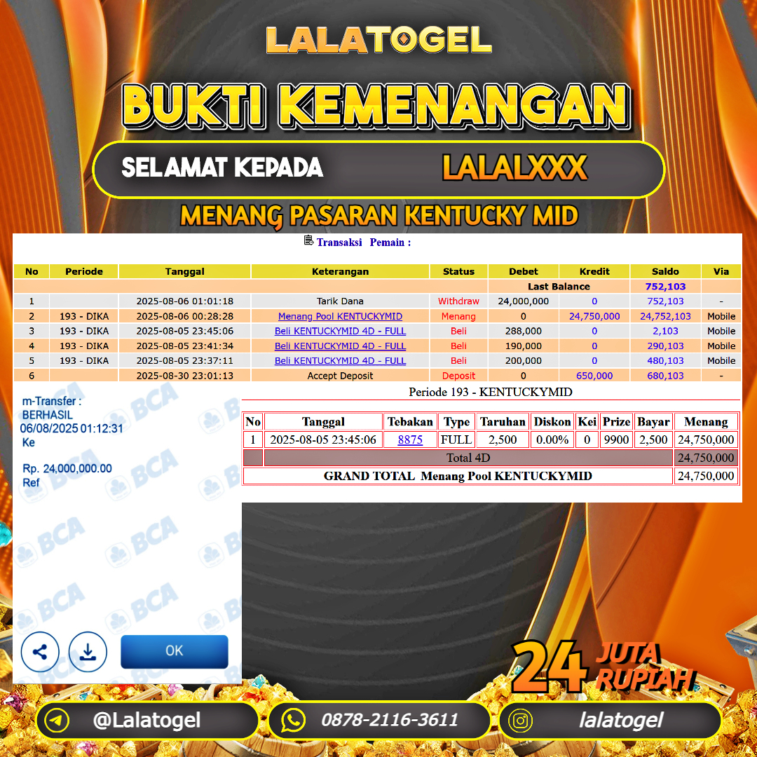 LALATOGEL JACKPOT TOGEL PASARAN KENTUCKY MID Rp.24.000.000, - LUNAS USER ID : LALALXXX