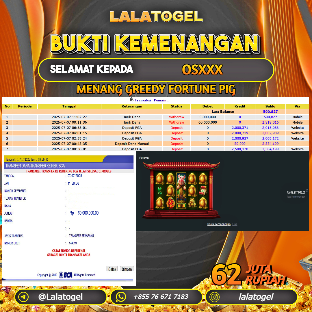 LALATOGEL JACKPOT SLOT GREEDY FORTUNE PIG Rp.62.000.000, - LUNAS USER ID : OSXXX