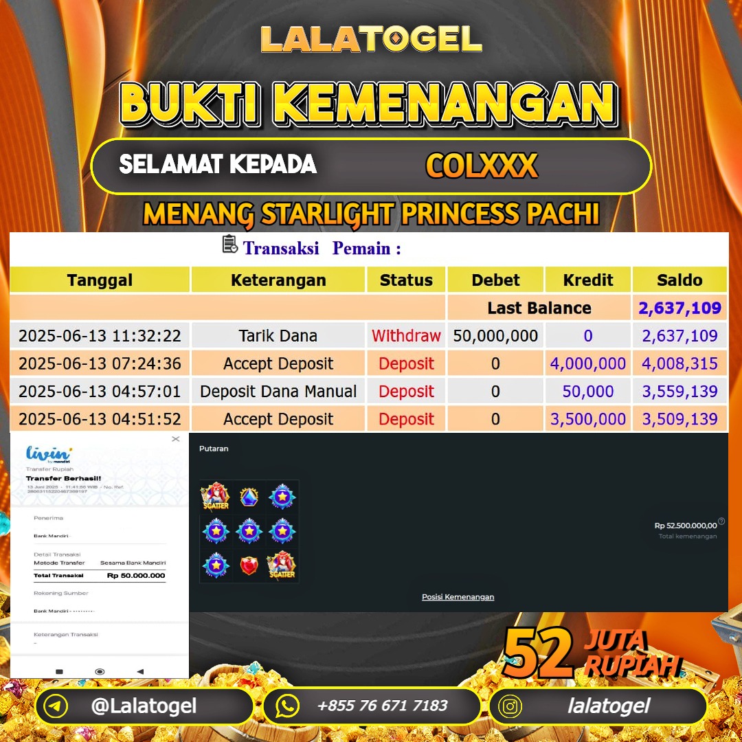 LALATOGEL JACKPOT SLOT STARLIGHT PRINCESS PACHI Rp.52.000.000, - LUNAS USER ID : COLXXX