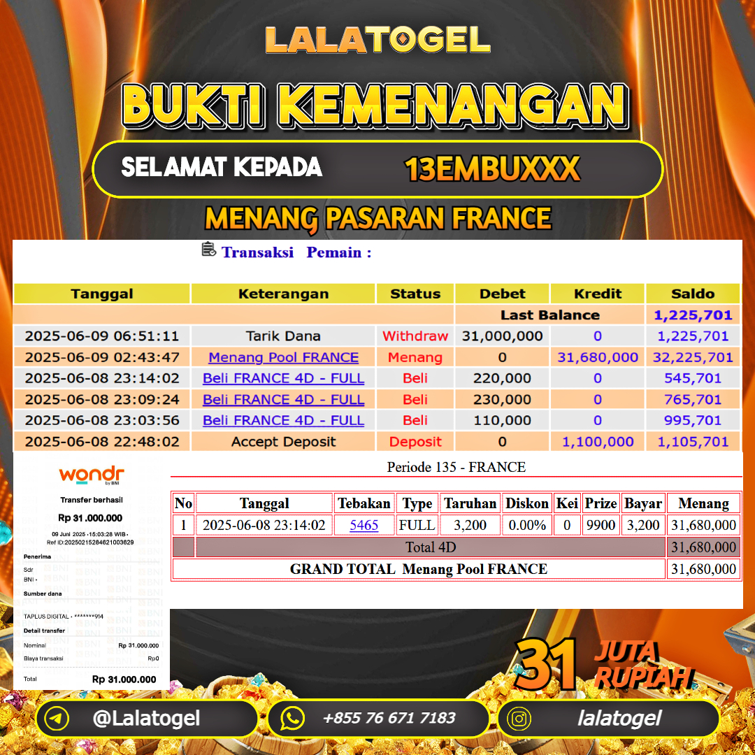 LALATOGEL JACKPOT TOGEL PASARAN FRANCE Rp.31.000.000, - LUNAS USER ID : 13EMBUXXX