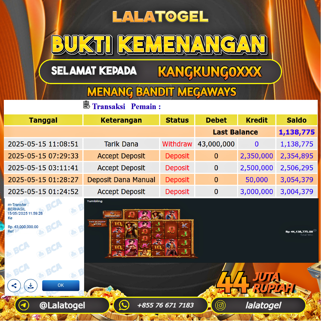 LALATOGEL JACKPOT SLOT BANDIT MEGAWAYS Rp.44.000.000, - LUNAS USER ID : KANGKUNG0XXX