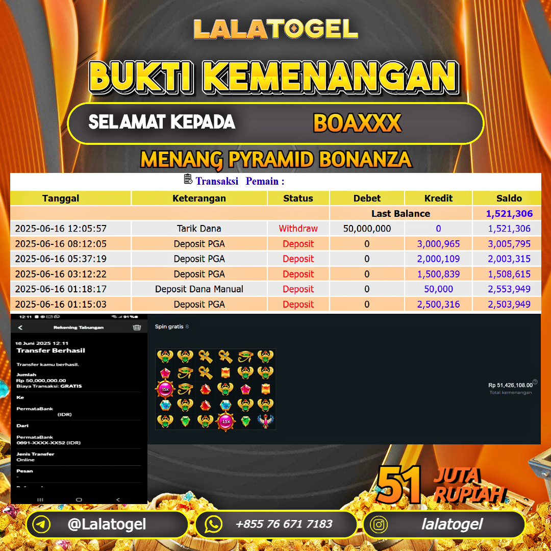 LALATOGEL JACKPOT SLOT PYRAMID BONANZA Rp.51.000.000, - LUNAS USER ID : BOAXXX
