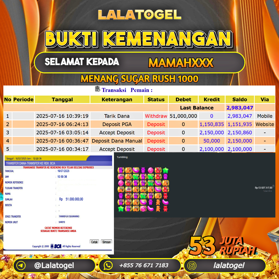LALATOGEL JACKPOT SLOT SUGAR RUSH 1000 Rp.53.000.000, - LUNAS USER  ID :  MAMAHXXX 