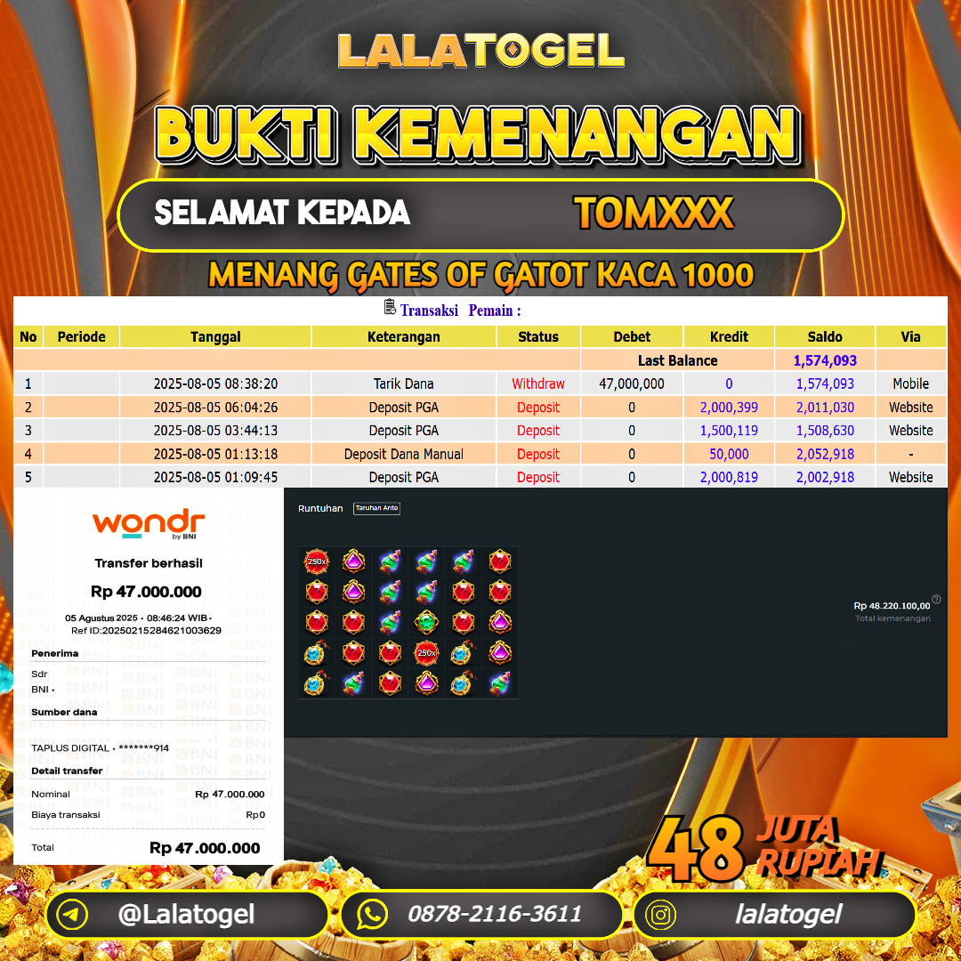 LALATOGEL JACKPOT SLOT GATES OF GATOT KACA 1000 Rp.48.000.000, - LUNAS USER ID : TOMXXX