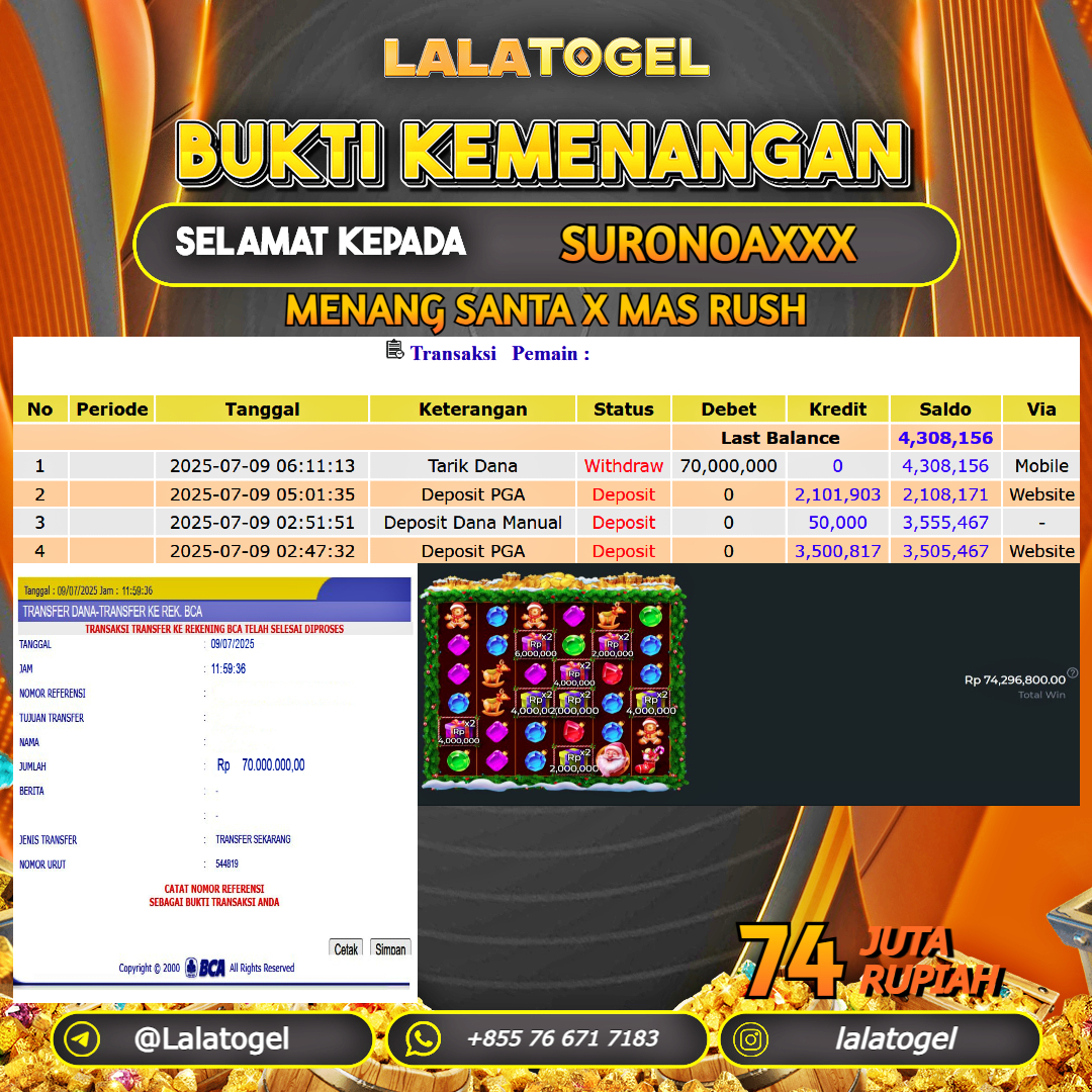 LALATOGEL JACKPOT SLOT SANTA X MAS RUSH Rp.74.000.000, - LUNAS USER ID : SURONOAXXX