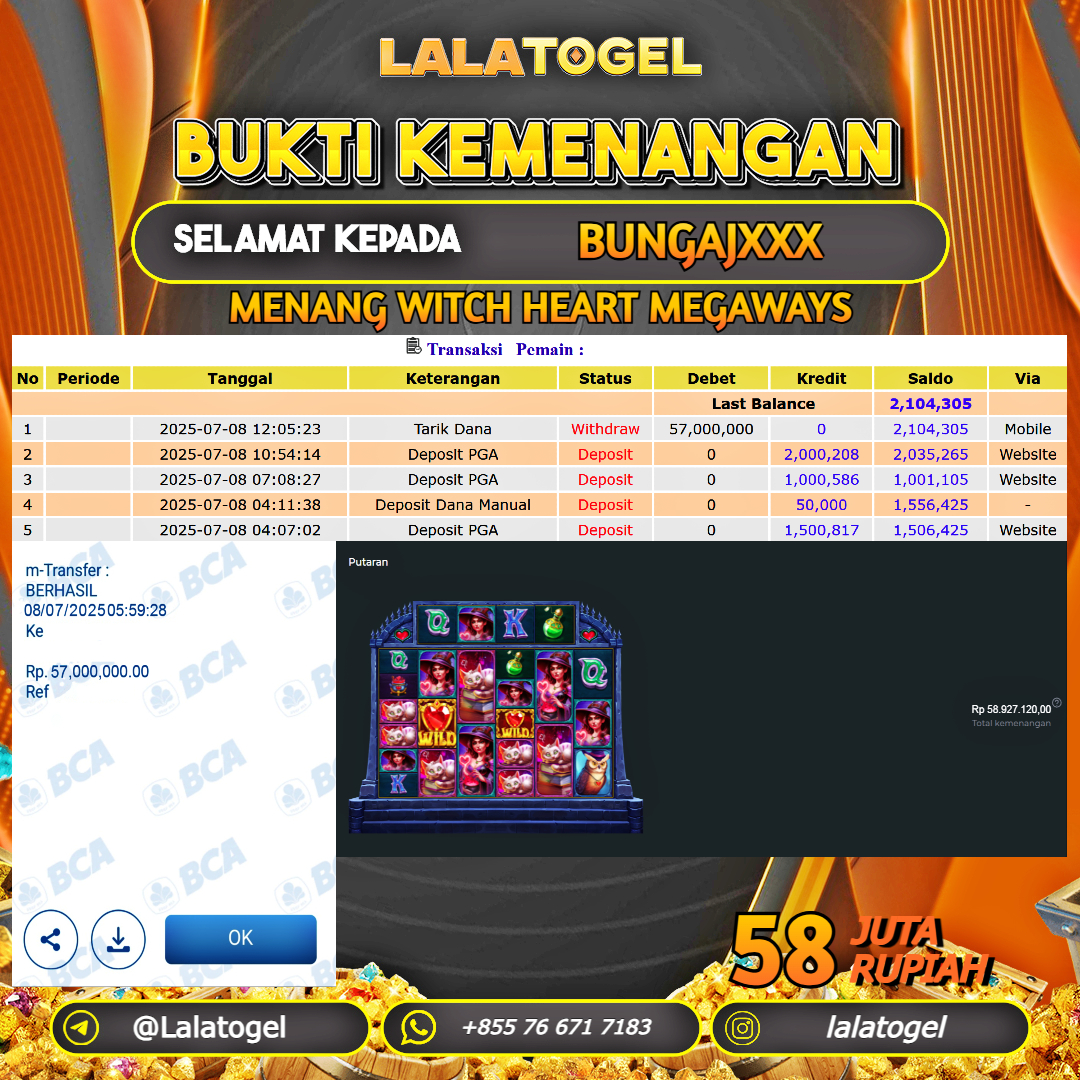 LALATOGEL JACKPOT SLOT WITCH HEART MEGAWAYS Rp.58.000.000, - LUNAS USER ID : BUNGAJXXX
